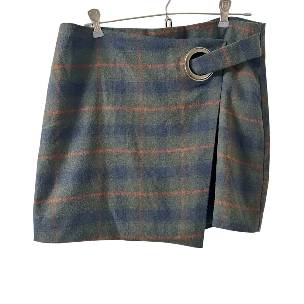 Free People Women’s Green Plaid Faux Wrap Skirt with Ring Detail size 10